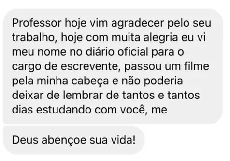 Mensagem de aluno que viu seu nome no Diário Oficial para o cargo de escrevente