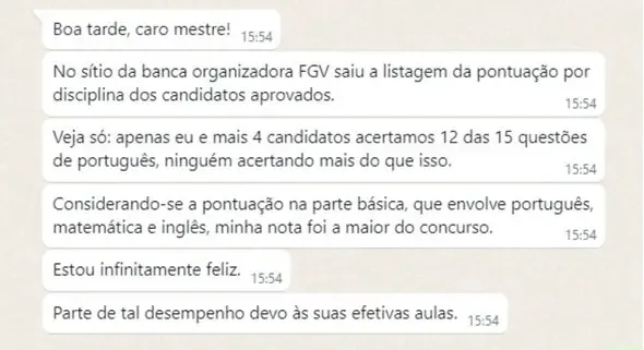 Mensagem de aluno que acertou 12 de 15 questões de português na FGV